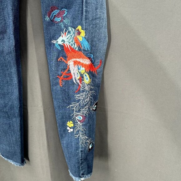 Free People Jeans Women 25 Embroidery Peacock Floral Raw Hem Mid Rise Denim Boho - Picture 2 of 11